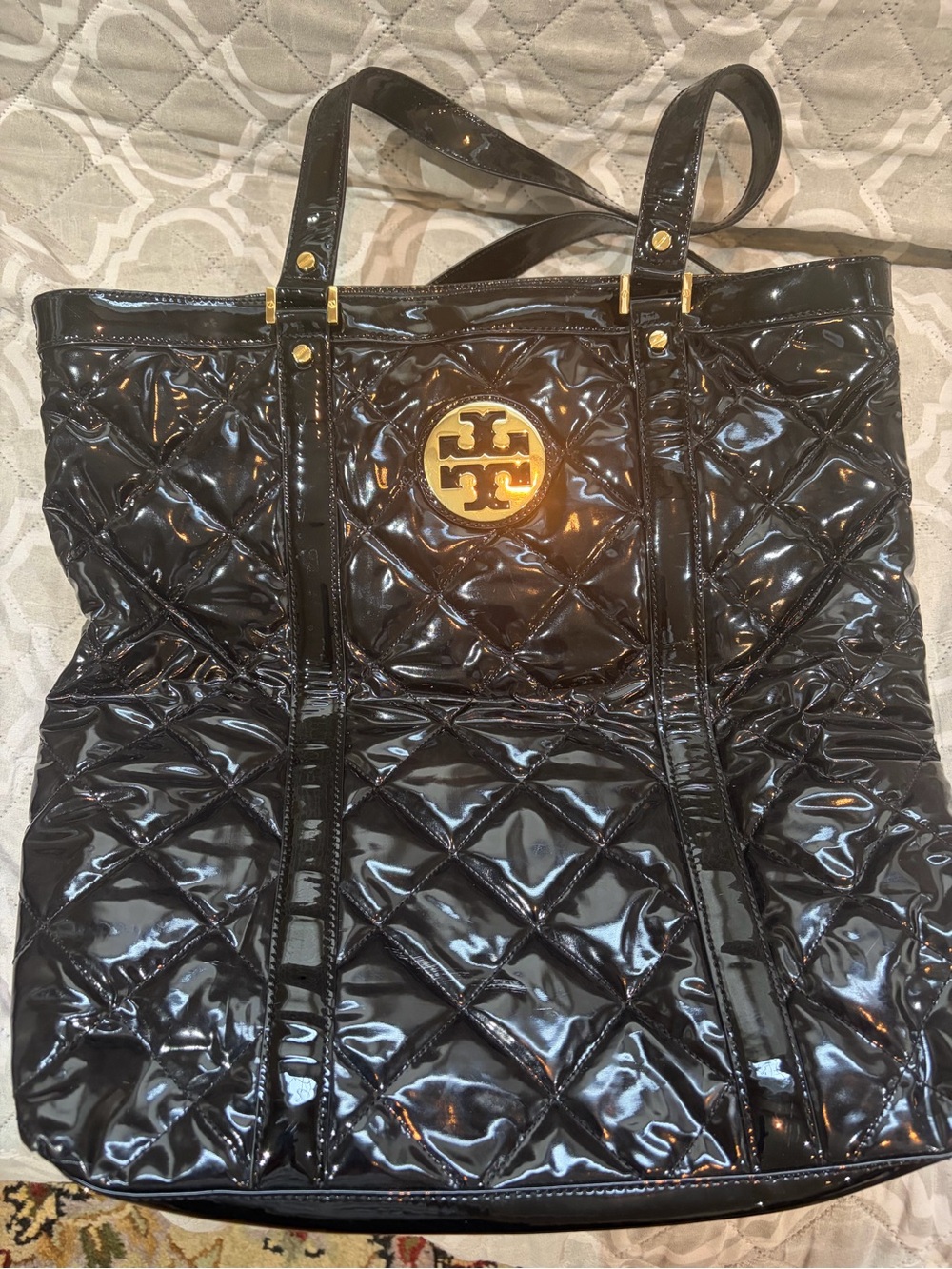 Tory Burch Glossy Quilted Black Patent Tote with Gold Emblem